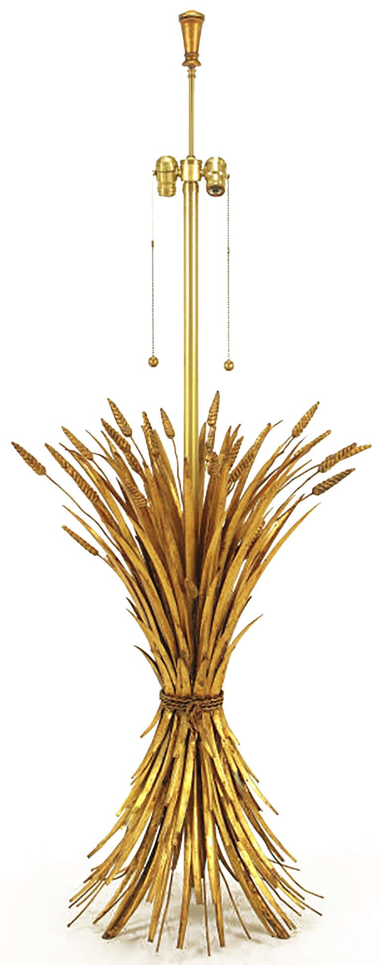 From Marbro Lamp Company, sheaf of wheat floor lamp with brushed brass stem and socket cluster. The base of the floor lamp is bundle of gilt tole metal wheat stalks, bound at the middle with gilt metal rope. A rare find.