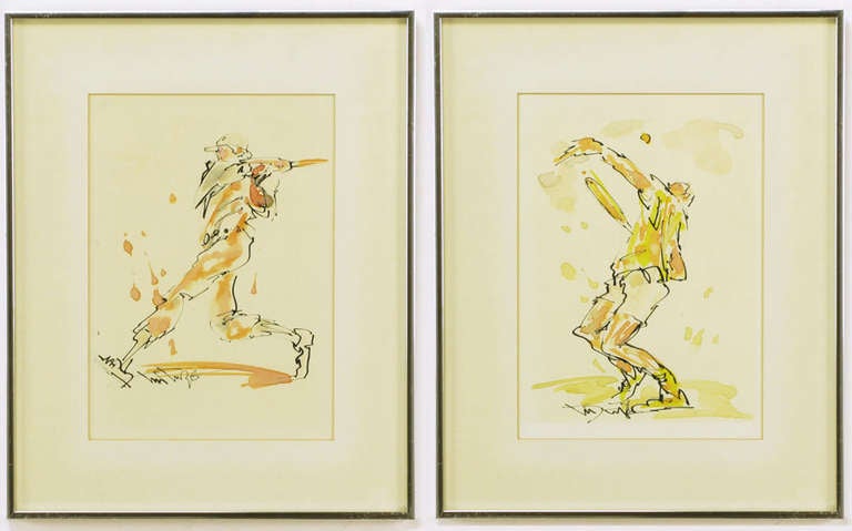 Pair of well executed abstract water color paintings of a tennis and baseball players. Matted and framed in brushed chrome frames. Perfect for a boys room or sports enthusiast's office. Signed.

Framed 20.25