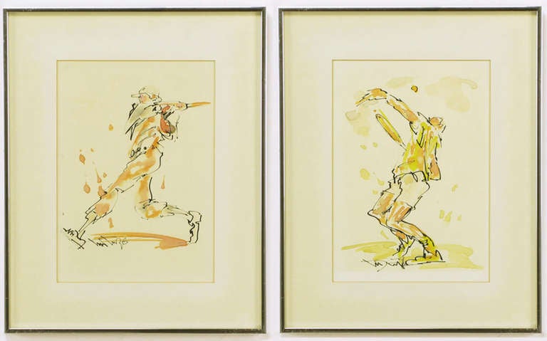 Coppia di acquerelli astratti ben eseguiti che raffigurano un giocatore di tennis e uno di baseball. Opacizzati e incorniciati in cornici cromate spazzolate. Perfetto per la camera dei ragazzi o per l'ufficio di un appassionato di sport.