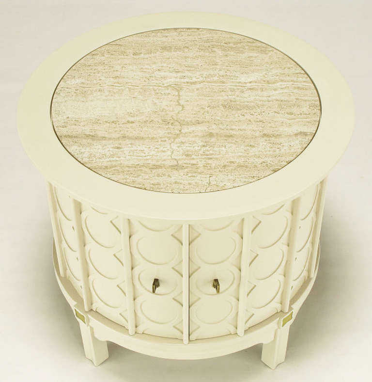 Brass Pair of Bone Lacquer Cylinder Tables with Travertine Inlaid Tops For Sale
