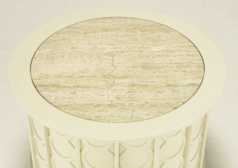 Pair of Bone Lacquer Cylinder Tables with Travertine Inlaid Tops For Sale 2