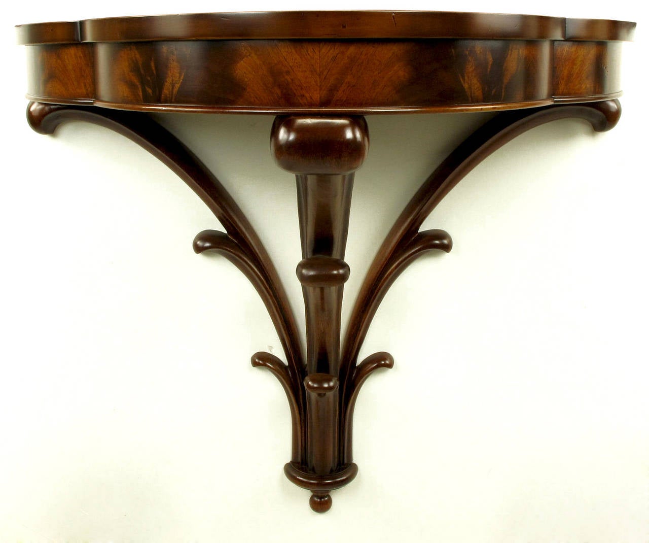Mid-20th Century 1940s Bookmatched Mahogany Demilune Wall Console with Plume Base