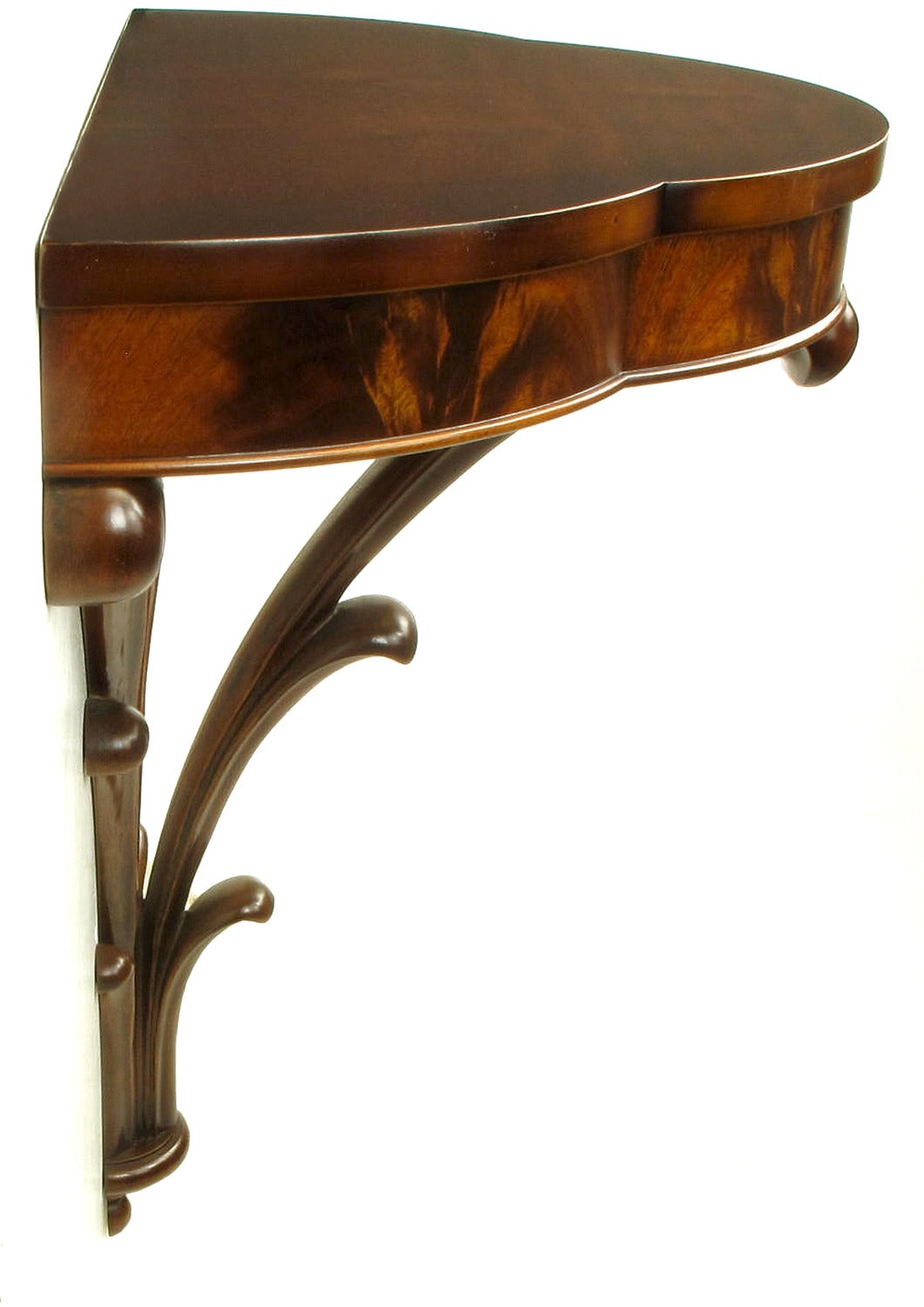 1940s Bookmatched Mahogany Demilune Wall Console with Plume Base 1