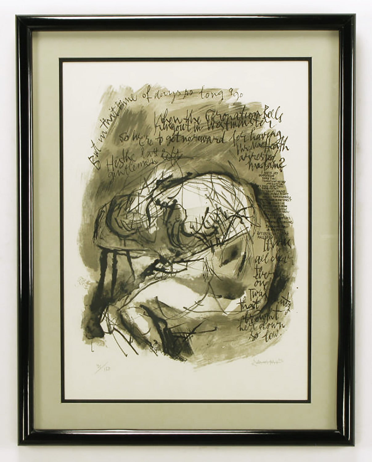 Abraham Rattner (1893-1978) surrealist print of an abstract human figure in black and white with various words and verse. Low numbered short run print with grey mat and black lacquer over wood frame.

Rattner, who lived in Paris from 1920-1940,