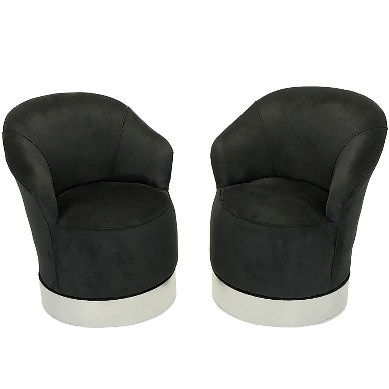 Pair of Sally Sirkin Lewis Blue and Black Ultrasuede Swivel Club Chairs