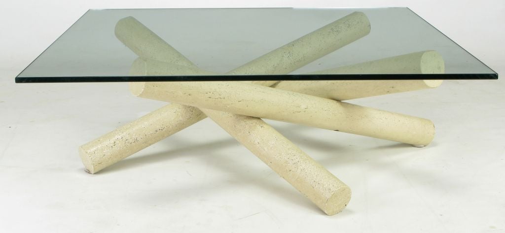 Coffee Table Made Of Travertine Sculpture Base & Glass Top