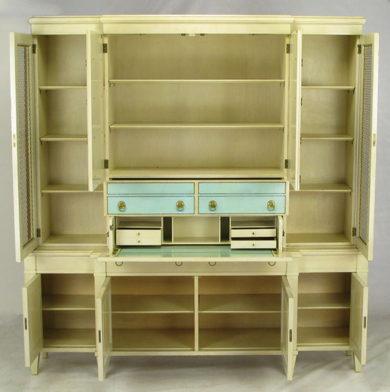 Mid-20th Century Renzo Rutili Robin's Egg Blue Leather Breakfront Library Cabinet