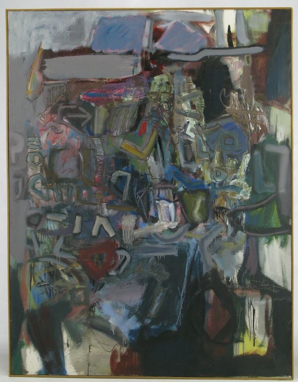 Large mixed media comprised of oils, acrylics, gouache, and ink in gray, red, yellow, green and blues by Harry Irving Gates (1934). Gallery style frame.<br />
<br />
 A professor of sculpture from 1964 at George Washington University in Washington