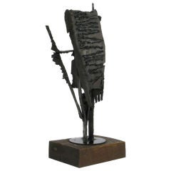 H.I. Gates Brutalist Metal Abstract Sculpture On Wood Base