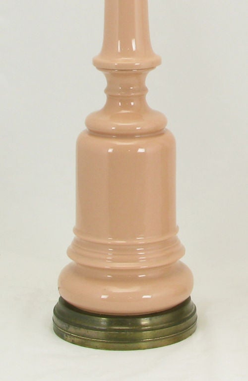 American Pair 1940s Pink Ceramic & Brass Baluster Form Table Lamps