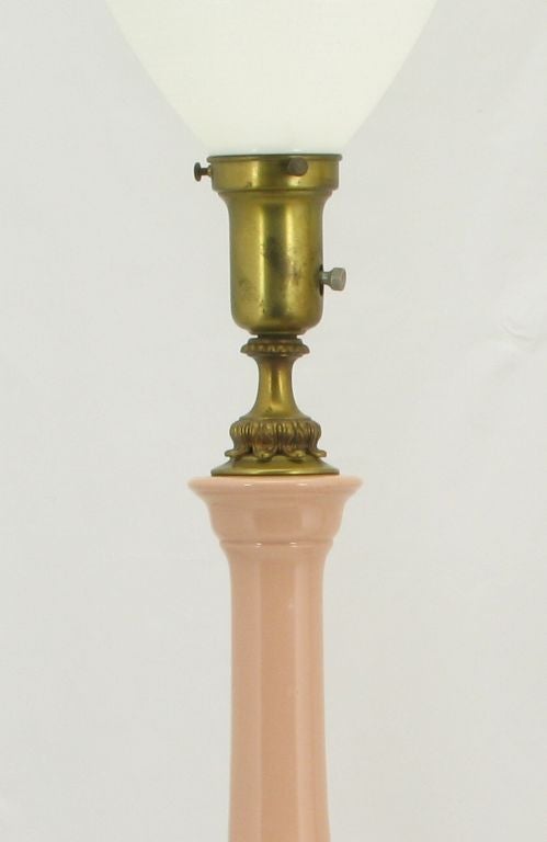 Mid-20th Century Pair 1940s Pink Ceramic & Brass Baluster Form Table Lamps