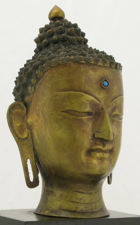 Mid-20th Century Bronze Buddha Bust On Black Lacquered Plinth Base