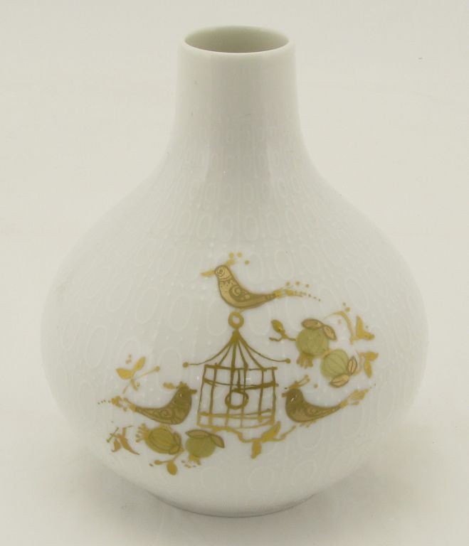 German Bjorn Wiinblad Relief White Porcelain Vase With Gilt Characters