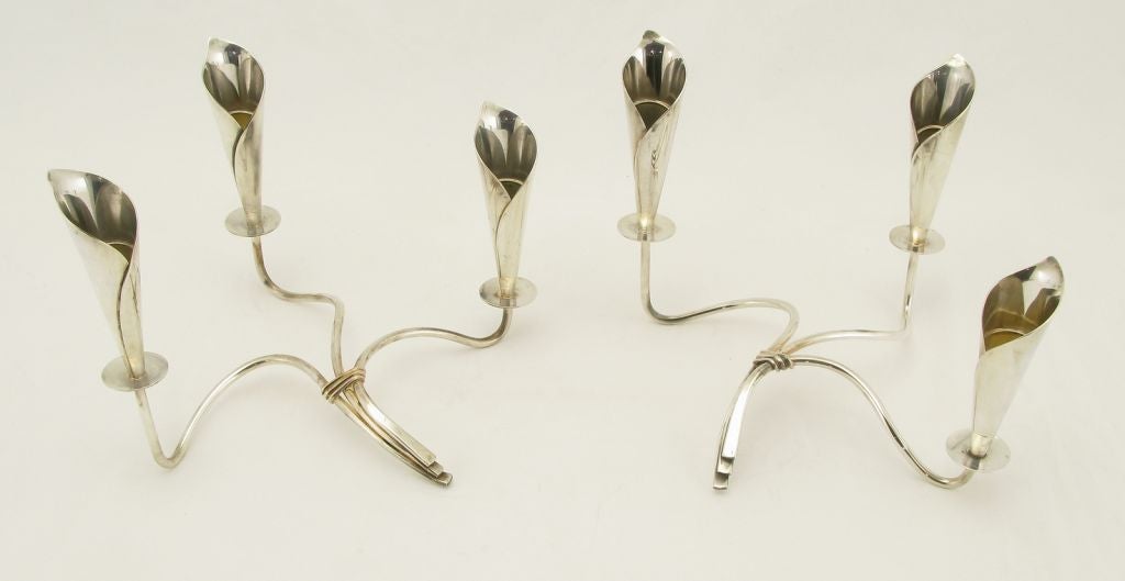 Pair Hans Jensen Danish Silver Calla Lily Candleholders