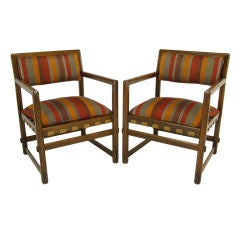 Pair Edward Wormley Walnut Arm Chairs In Stripes