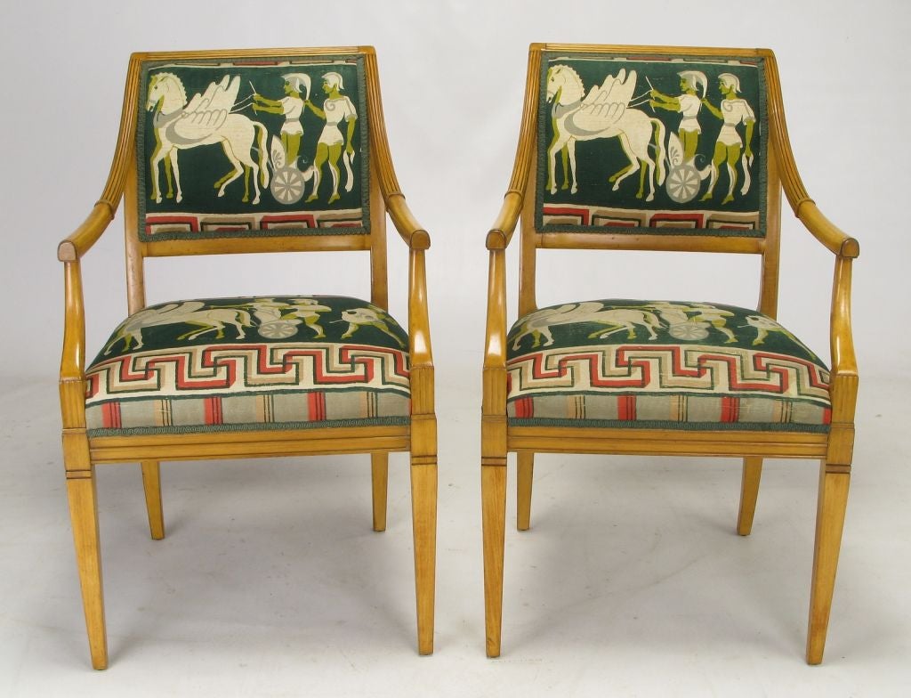 Pair Empire Arm Chairs With Greek Key Centurion Upholstery