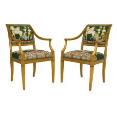 Pair Empire Arm Chairs With Greek Key Centurion Upholstery