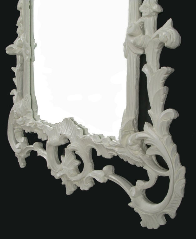 Pair 54" Carved White Lacquer Chinese Chippendale Wall Mirrors