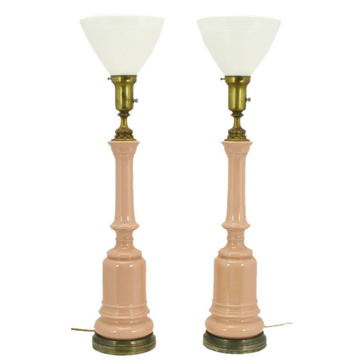 Pair 1940s Pink Ceramic & Brass Baluster Form Table Lamps