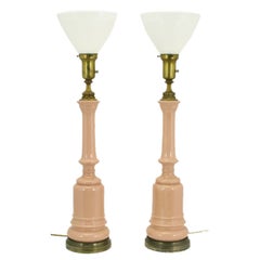 Pair 1940s Pink Ceramic & Brass Baluster Form Table Lamps