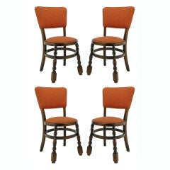 Set Four Walnut & Persimmon Gothic Revival Dining Chairs