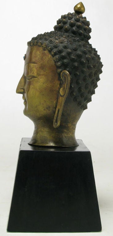 Chinese Bronze Buddha Bust On Black Lacquered Plinth Base