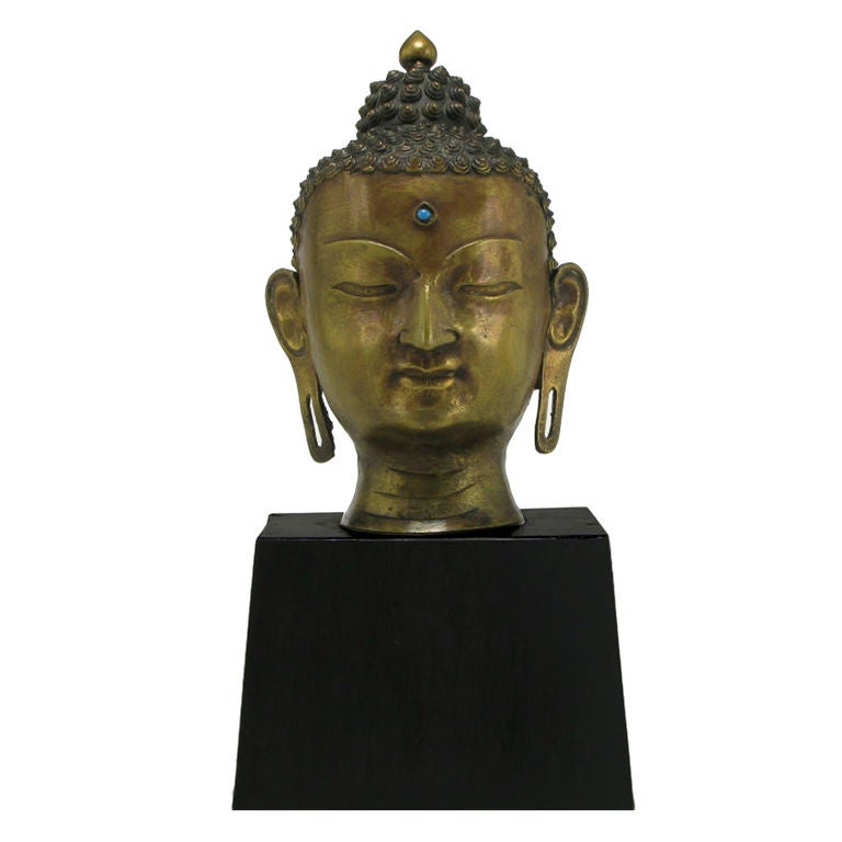 Bronze Buddha Bust On Black Lacquered Plinth Base
