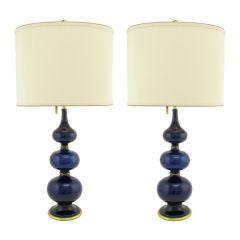 Pair Lightolier Midnight Blue Triple Gourd Form Table Lamps