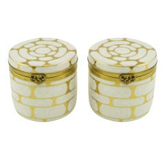 Pair Italian White Ceramic & Gilt Jars With Brass Hinged Lids