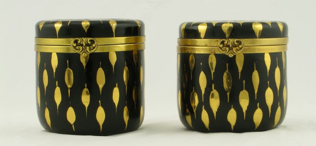 Pair Italian Black Ceramic & Gilt Jars With Brass Hinged Lids