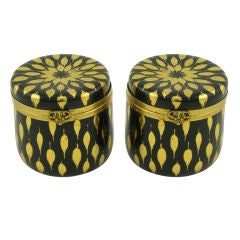Pair Italian Black Ceramic & Gilt Jars With Brass Hinged Lids
