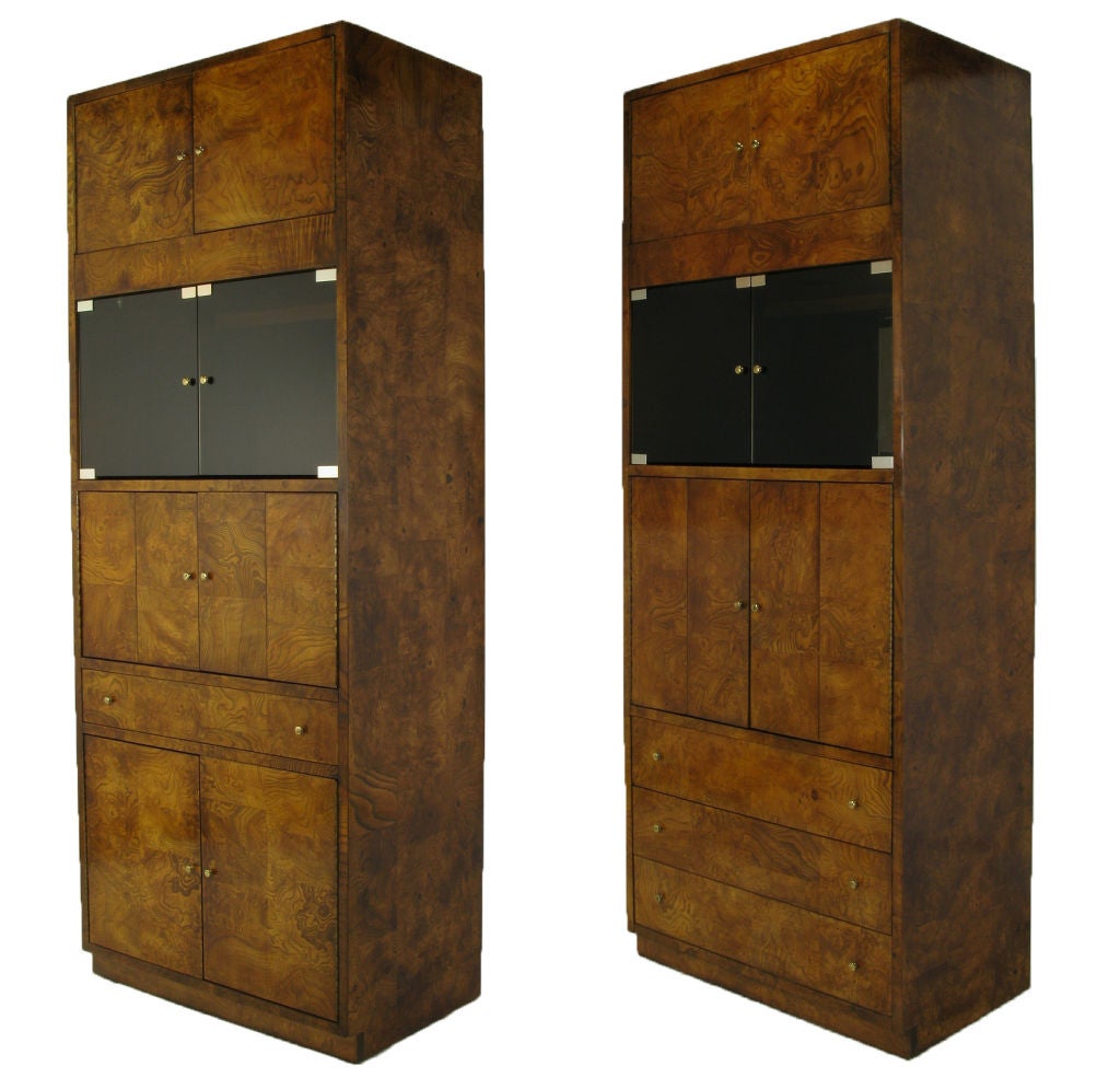Pair Patchwork Burled Walnut Tall Cabinets