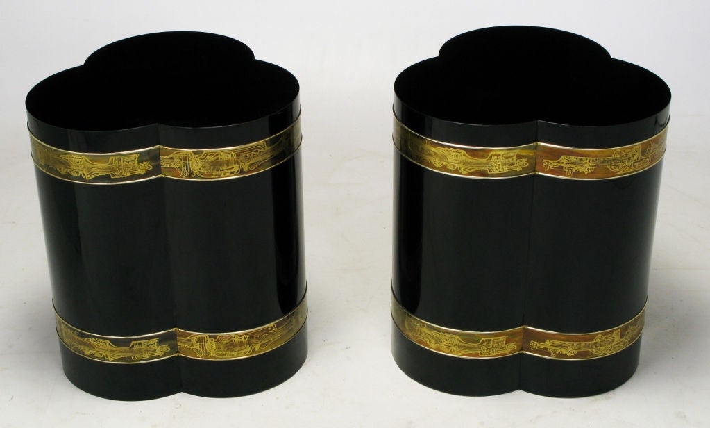 Pair Mastercraft Black Lacquer & Etched Brass Trefoil End Tables