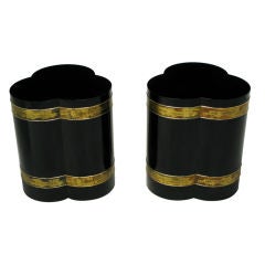 Pair Mastercraft Black Lacquer & Etched Brass Trefoil End Tables