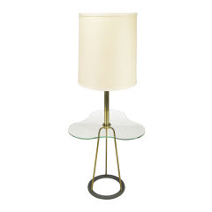 Retro Brass & Black Lacquered Floor Lamp With Trefoil Glass Table