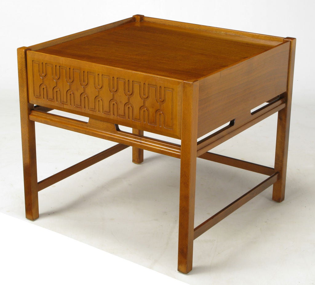 Swedish Teak Wood Carved Drawer Front Side Table