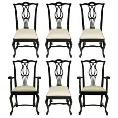 Set Six Italian Black Lacquer Chinese Chippendale Dining Chairs