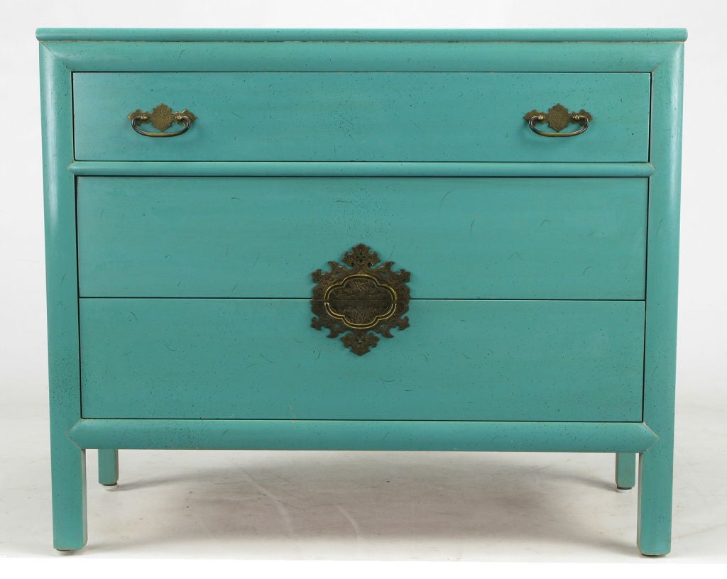 Pair Ray Sobota Tiffany Blue Lacquered Commodes 1