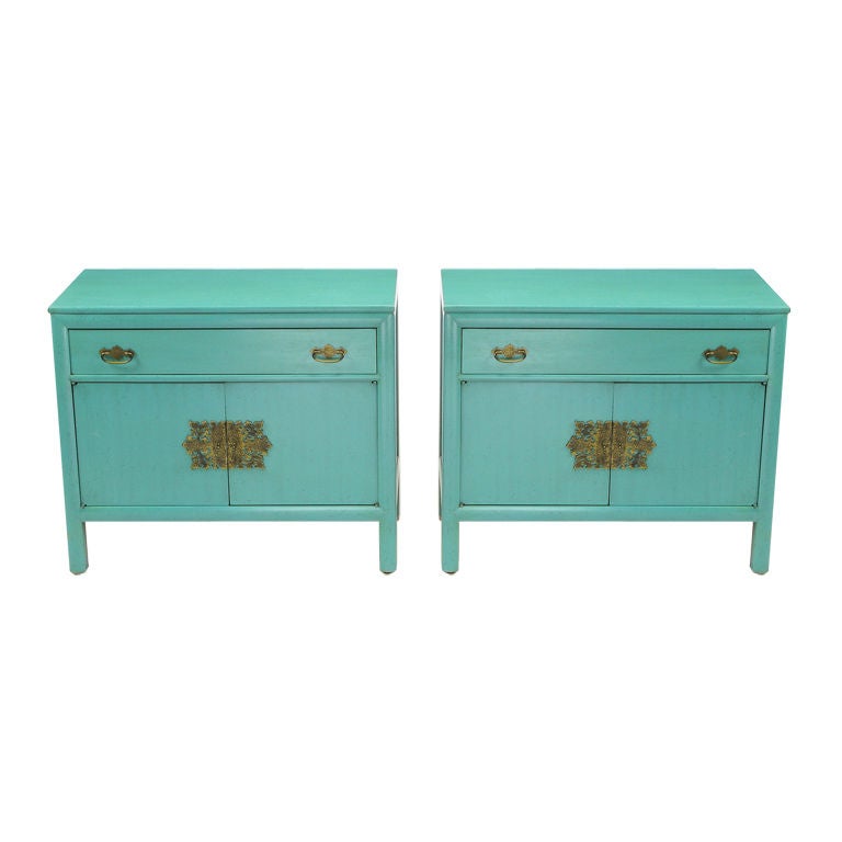 Pair Ray Sobota Tiffany Blue Lacquered Commodes