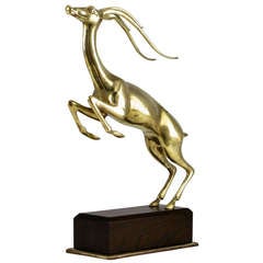 Large Brass Gazelle Sculpture On Walnut & Brass Pedestal. 1