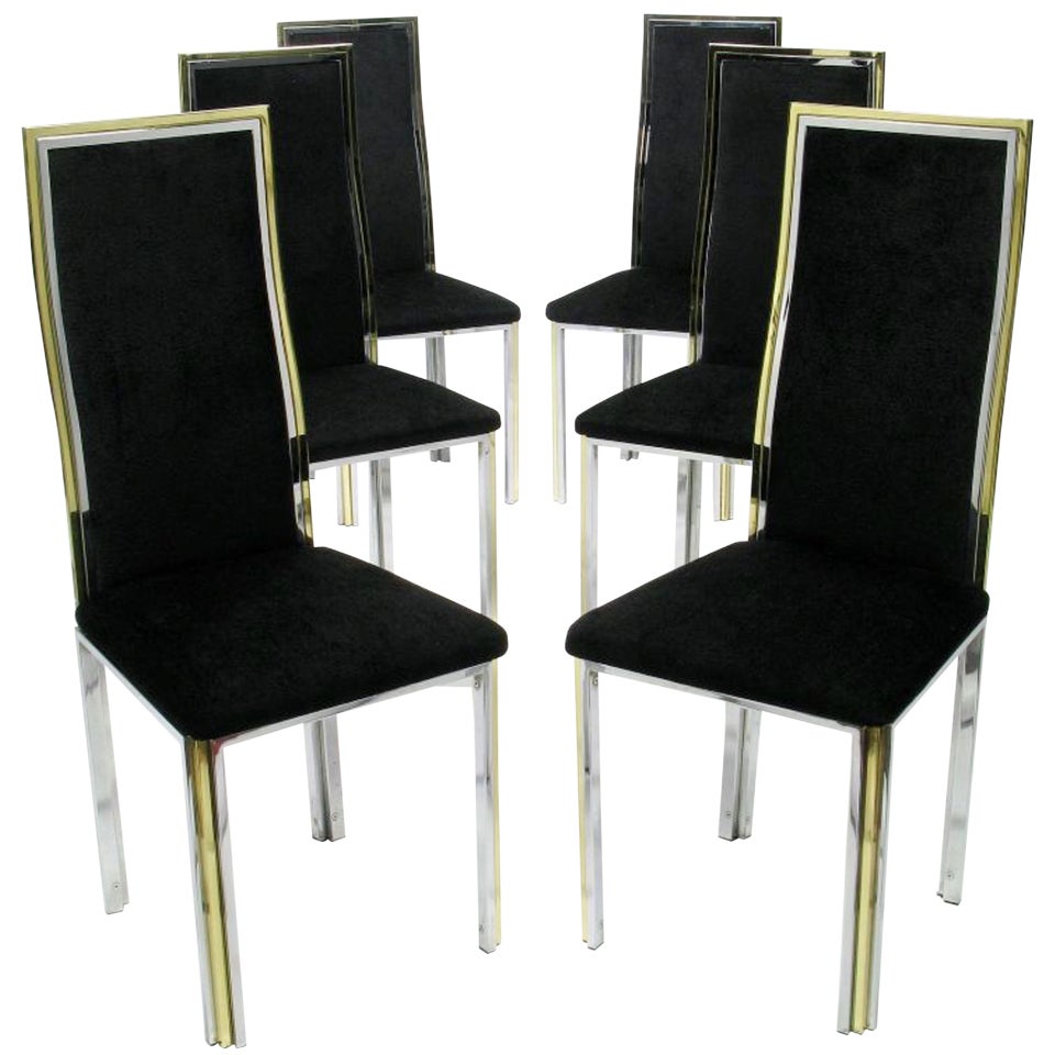 Six Chrome and Brass Dining Chairs Attributed to Romeo Rega For Sale
