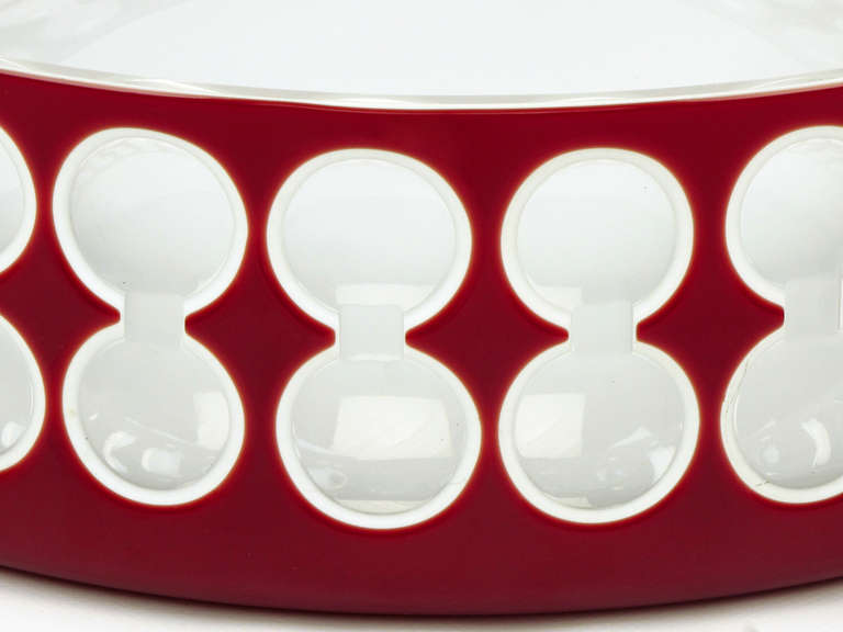 Hungarian Hand-Cut Red and White Cased Glass Bowl In Excellent Condition For Sale In Chicago, IL