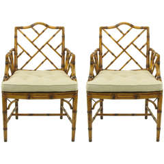 Vintage Pair Hekman Flamed Bamboo-Form Chinese Chippendale Armchairs