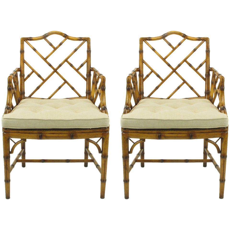Pair Hekman Flamed Bamboo-Form Chinese Chippendale Armchairs