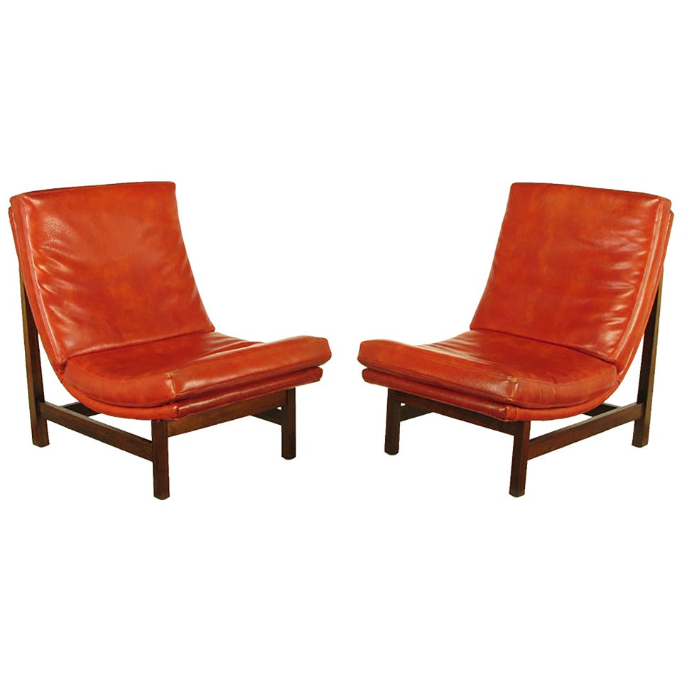 Pair of Custom Umber Upholstered Mahogany Frame Scoop Chairs