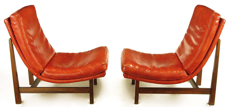 Pair of custom made mahogany framed minimalist scoop chairs. Strong support from bent plywood 