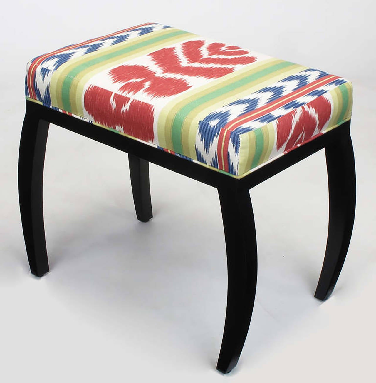 Lacquered Pair of Interior Crafts Black Lacquer and Ikat Benches