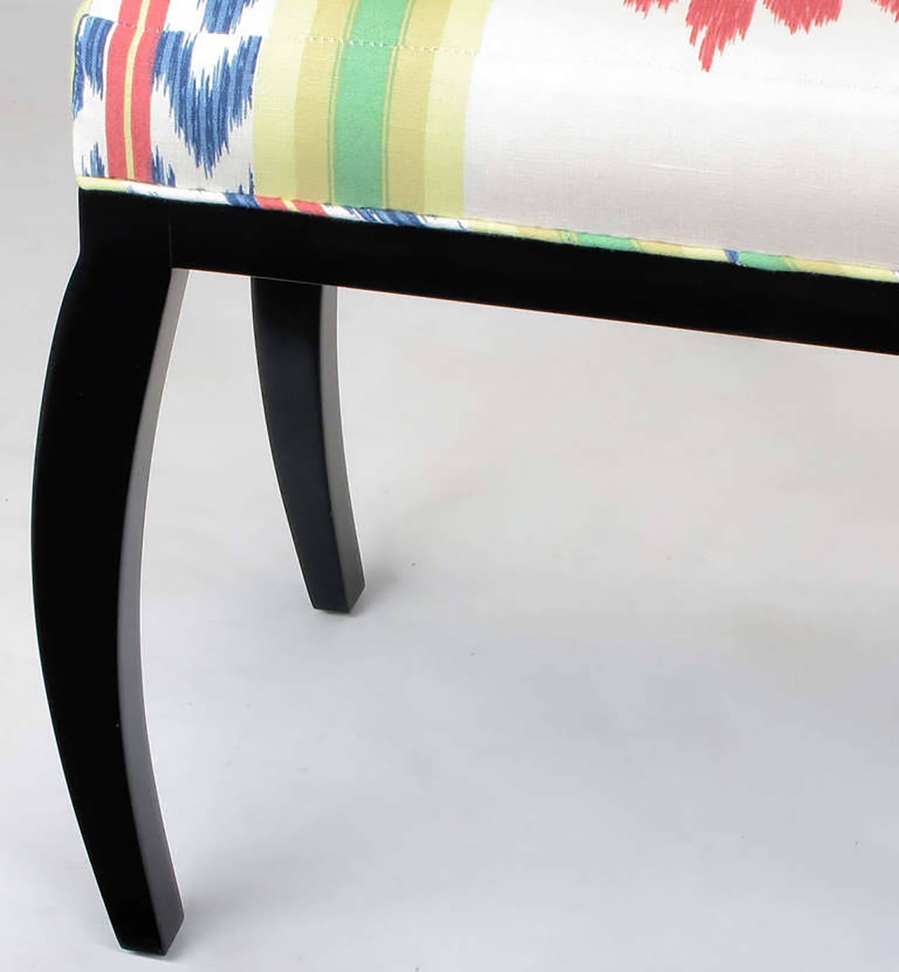 Upholstery Pair of Interior Crafts Black Lacquer and Ikat Benches