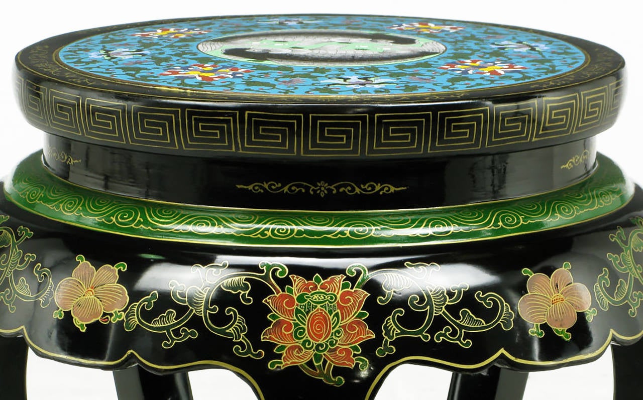 Polychrome Cloisonné and Black Lacquered Side Table In Excellent Condition In Chicago, IL