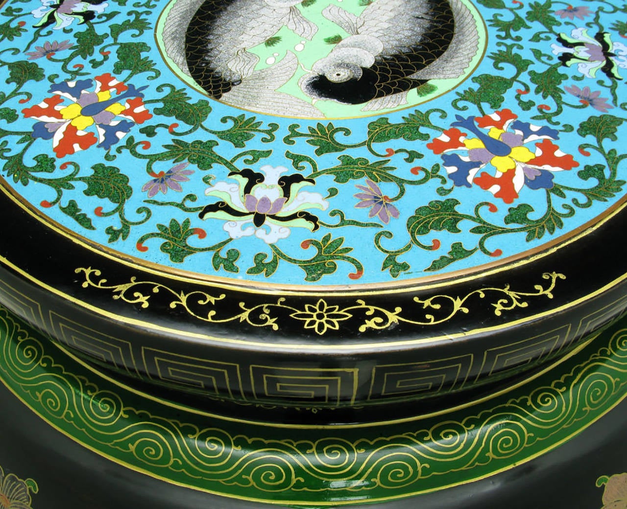 Brass Polychrome Cloisonné and Black Lacquered Side Table